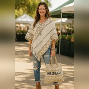 Knit Poncho Grandma Fringe Boho Gypsy Embroidered Cover-Up Shaw New